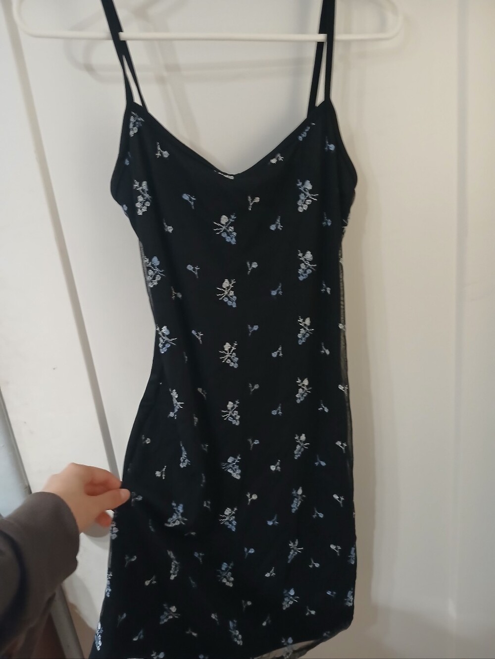 La SENZA Black Mini Slip Dress with Light Blue Floral Embroidery
